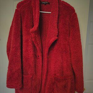 NEUSED COLLEEN LOPEZ LADIES SIZE MEDIUM "CL SOFT" TEDDY COAT, WINE/BURGUNDY